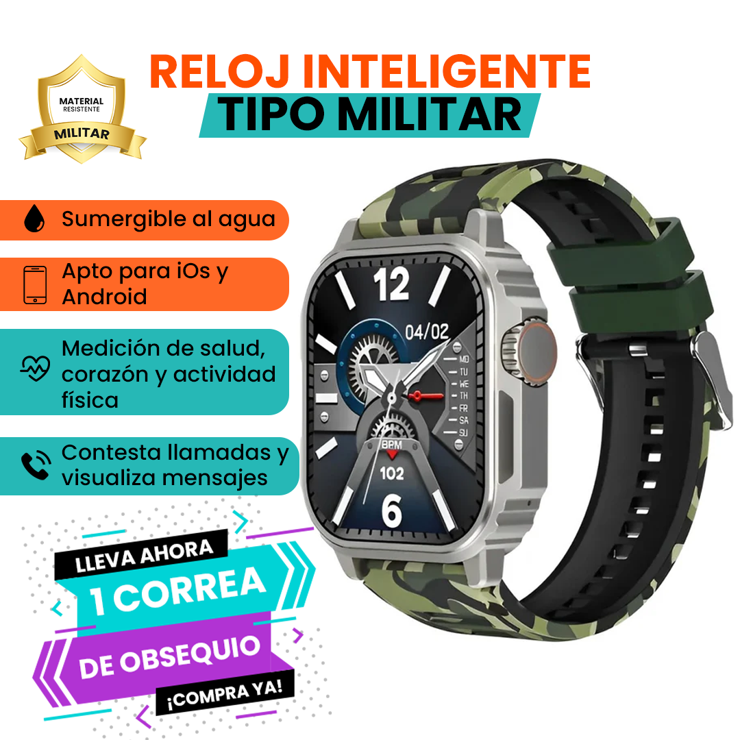 Reloj tipo militar ❤️‍🩹mide salud, calorías y mensajes + ¡ENVÍO GRATIS!😱